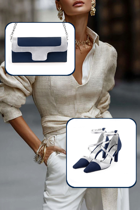Dress heels closed-back snake-shaped straps in navy blue and silver leather with high slim heels and tapered toe - Top view